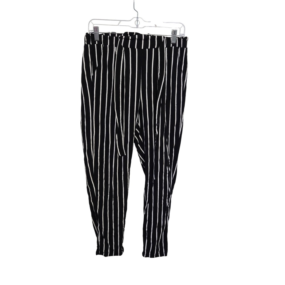 Ambiance Apparel Womens Black White Striped Rayon Tie Waist Tapered Pants Size M